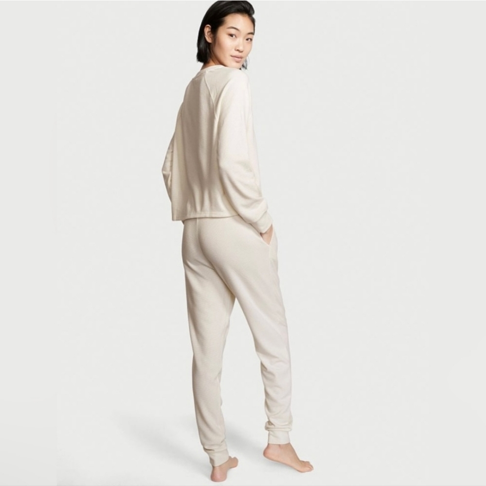 Victoria Secret Waffle Glow Henley Cream Loungewear Sleepwear Matching Set